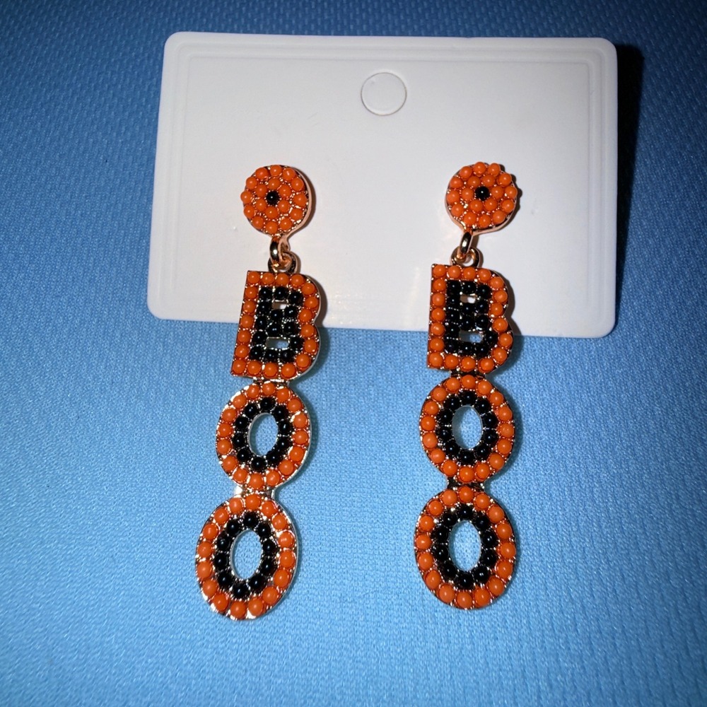 BOO Beaded Drop Earrings NEW Halloween Orange Black Gold